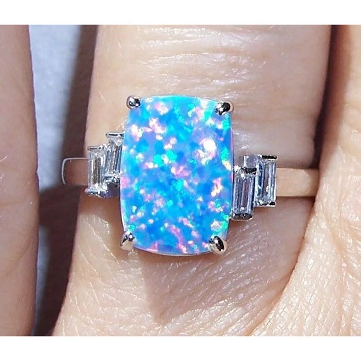 Size 9, 925 STERLING SILVER Lab Created Blue Lavender Opal Cubic Zirconia Ring