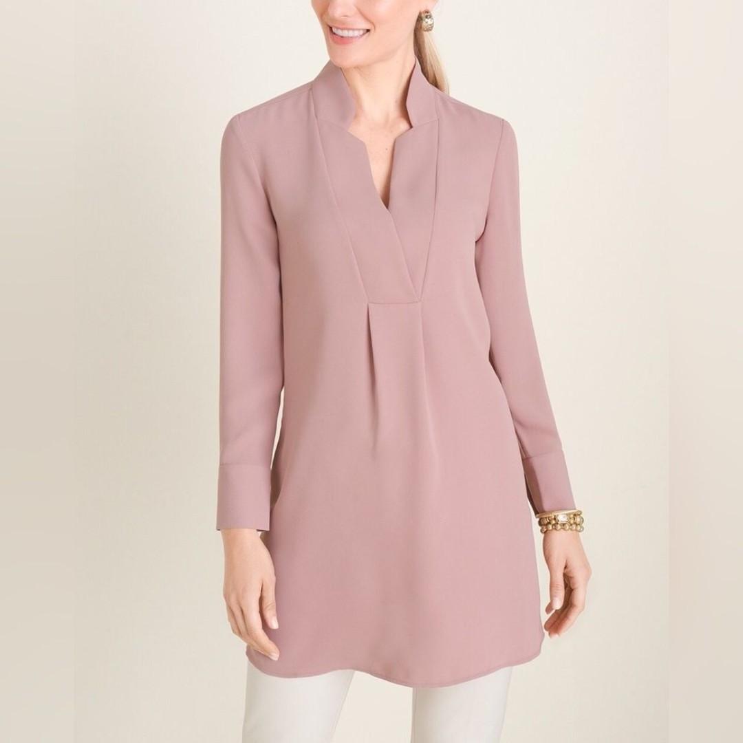 Chicos New Size 2 US L Dusty Rose Pink Satin Notch Collar Long Sleeve Tunic
