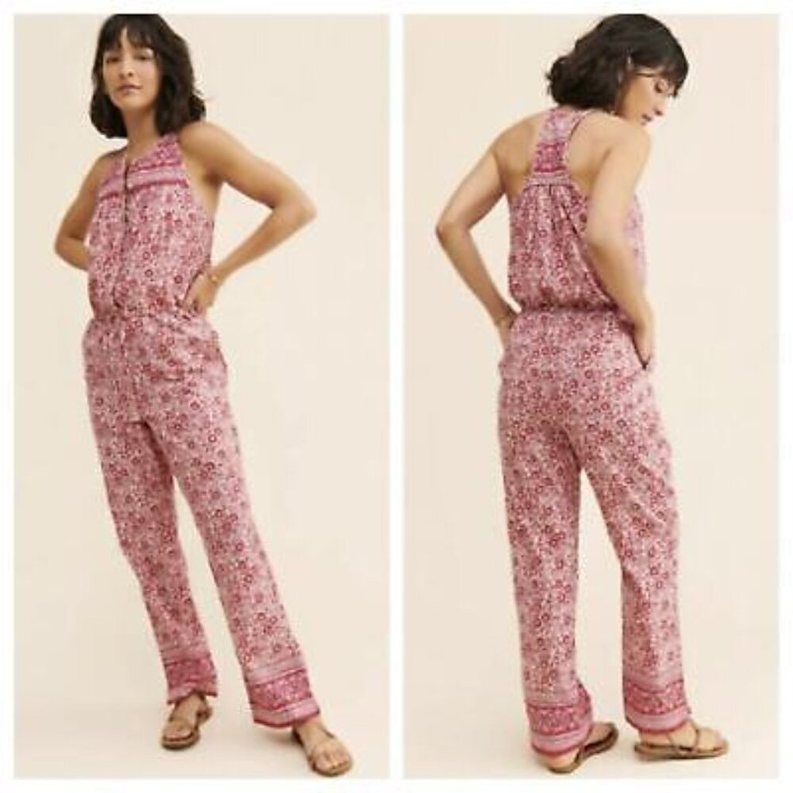 Faherty Adella Jumpsuit Sun Up Block Print Floral Pink Medium