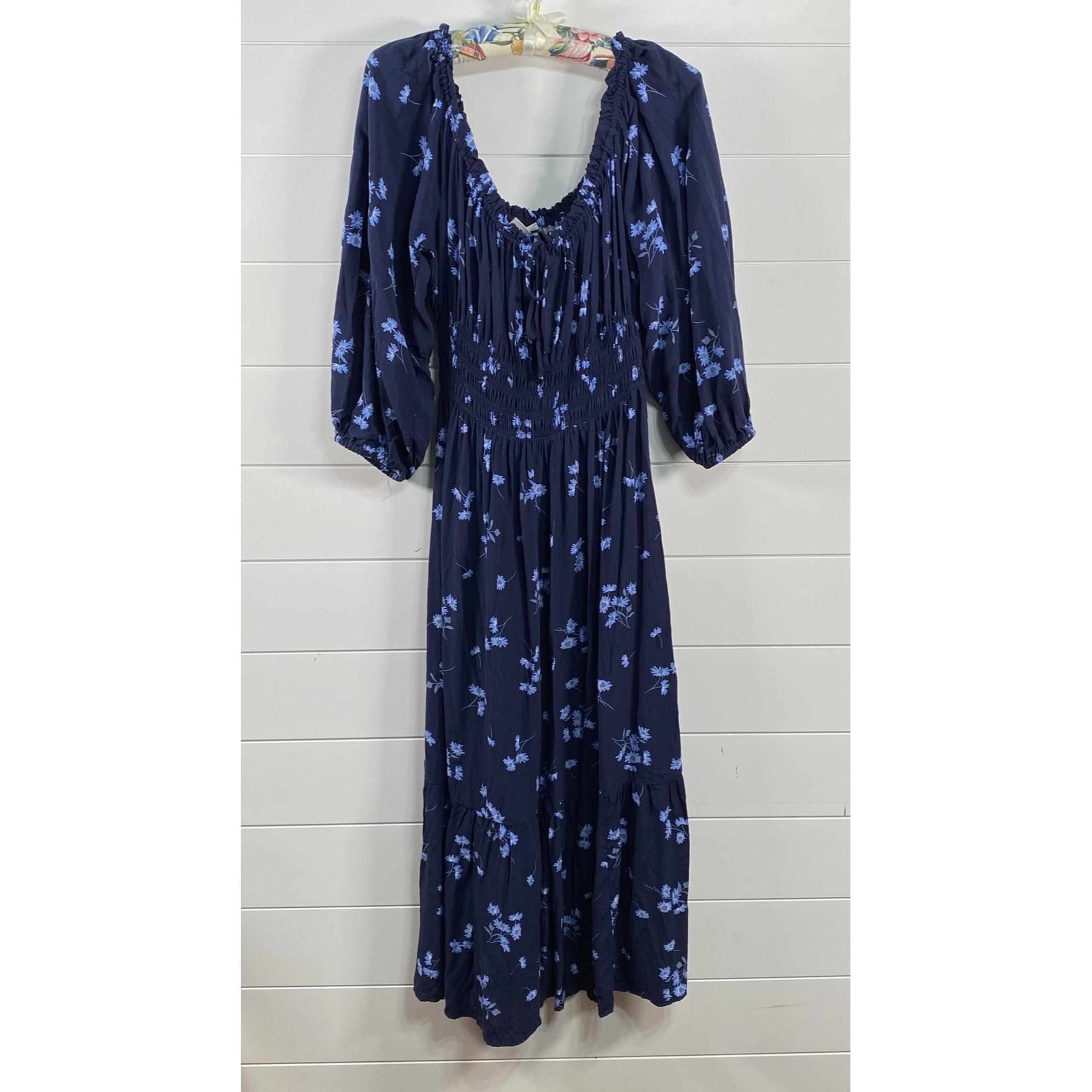 GAP Dress Womens M Blue Navy Floral Smocked Elbow Sleeve Tie Midi Boho Milkmaid