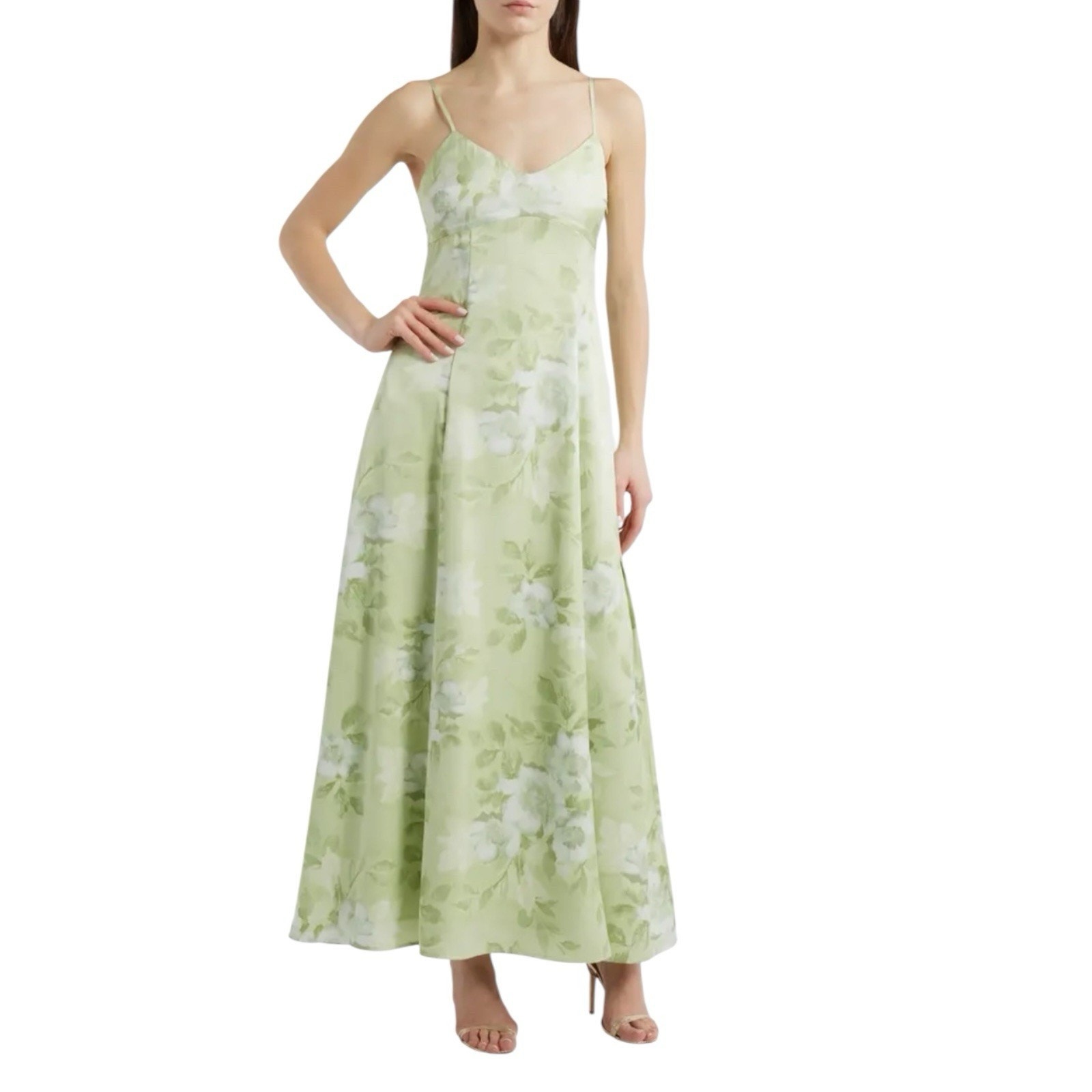 Wayf Mella Floral Cocktail Maxi Dress Satin Feel “Celery Bouquet” NWD US M