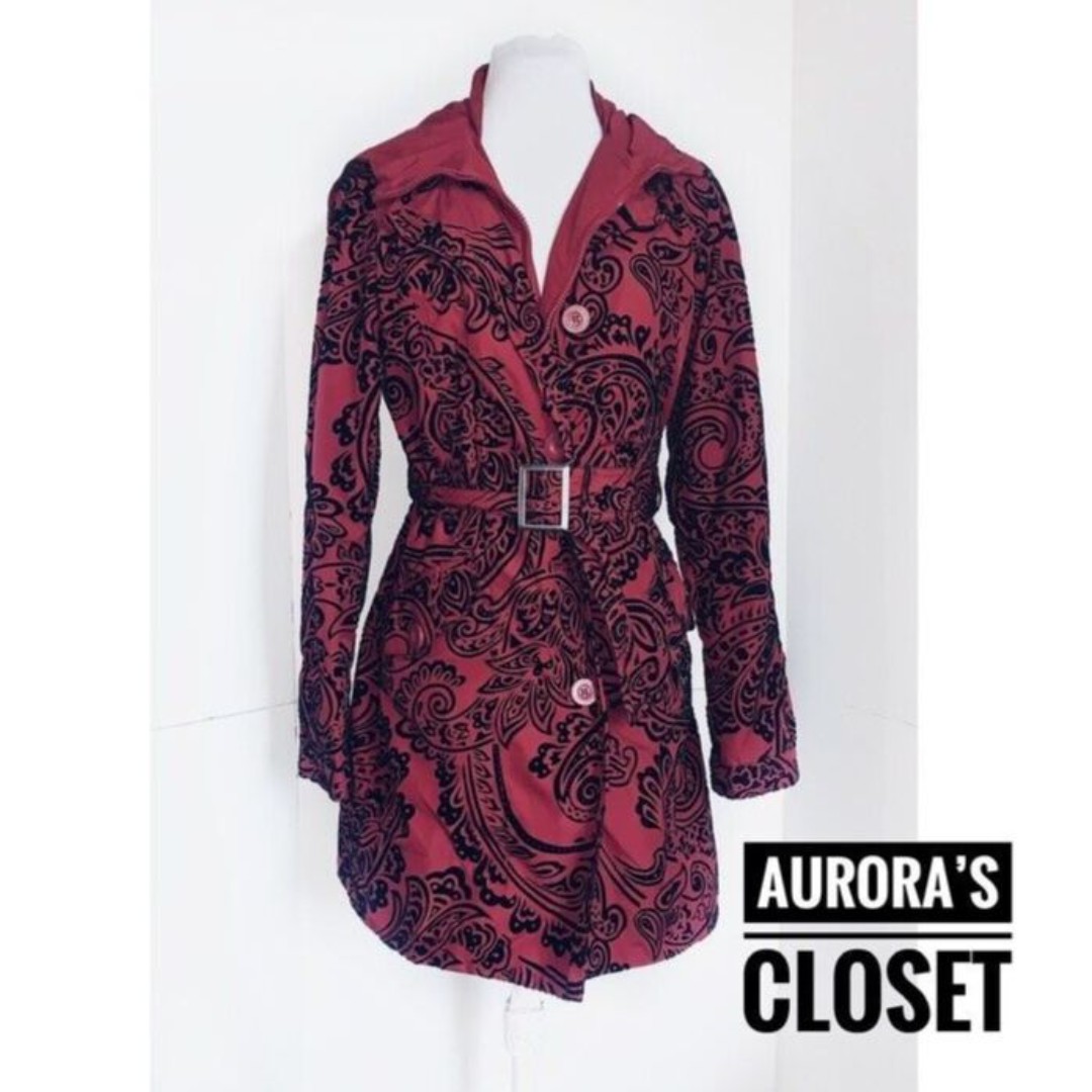 Desigual S 38 Red Burnout Trench Coat Paisley Belt Removable Hood EU 38 350