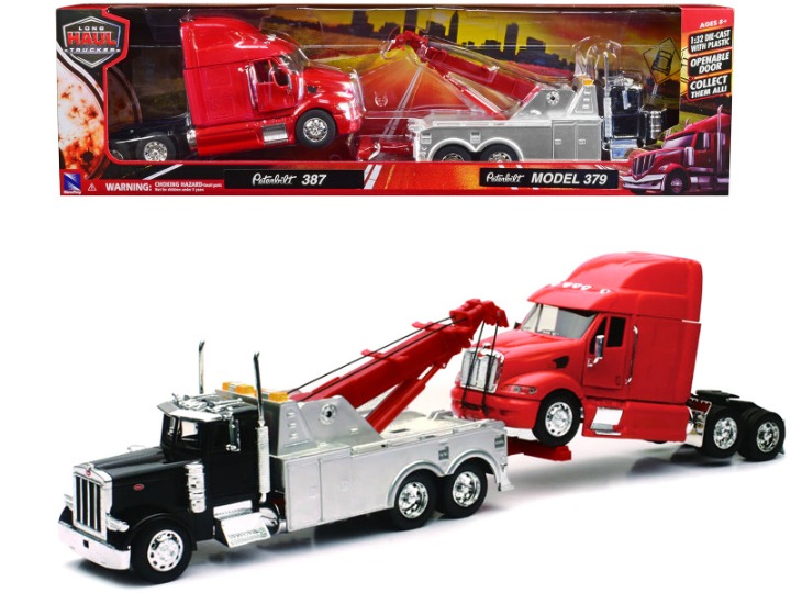 Peterbilt 379 Tow Truck Black with Peterbilt 387 Truck Tractor Red Set of 2