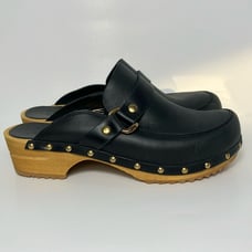 Sanita Black Leather Lillen clogs Mules with Wooden Sole slip on buckle 38