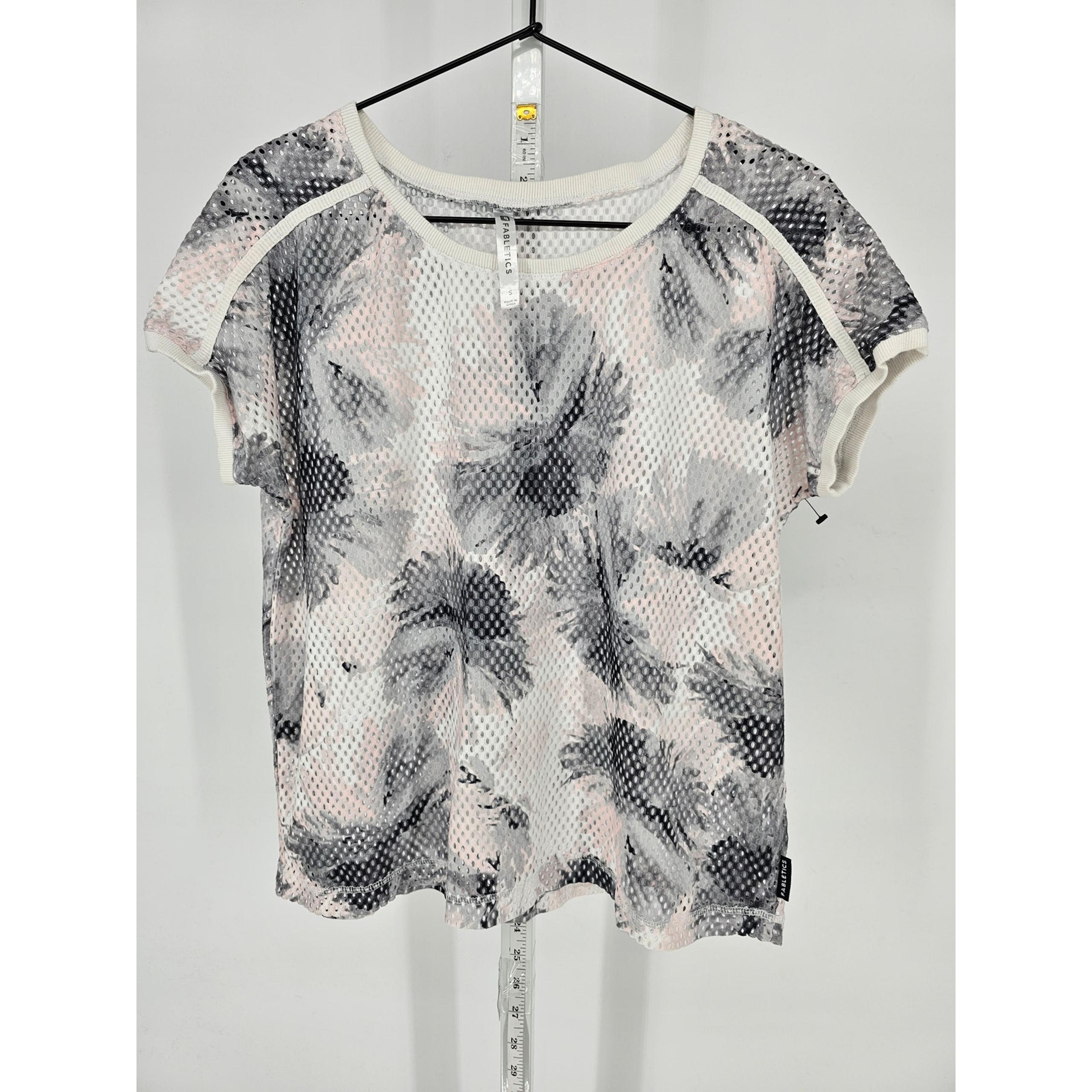 Fabletics Womens Sz S Short Sleeve Mesh Athletic T Shirt White Gray Floral