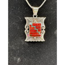 Vintage SS Native American Pendant Inlayed with Spiny Oyster and Opal