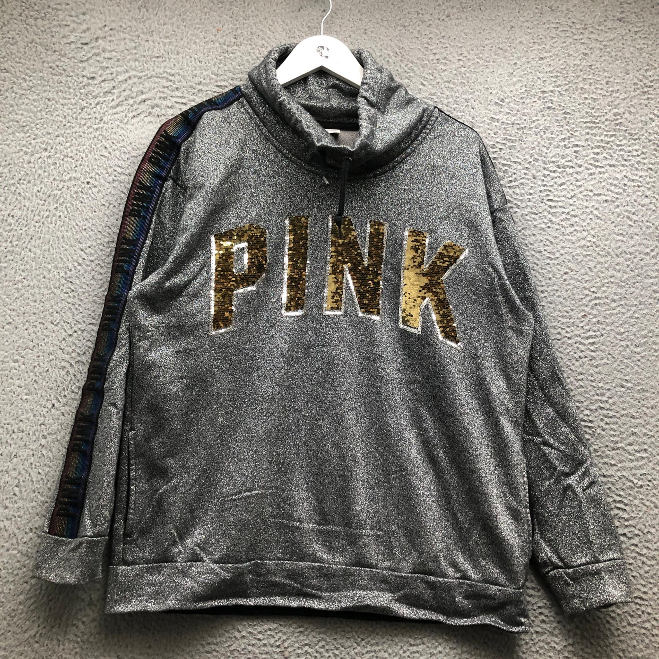 Pink Victoria's Secret Sweatshirt Women's M Long Sleeve Funnel Neck Sequin Gray