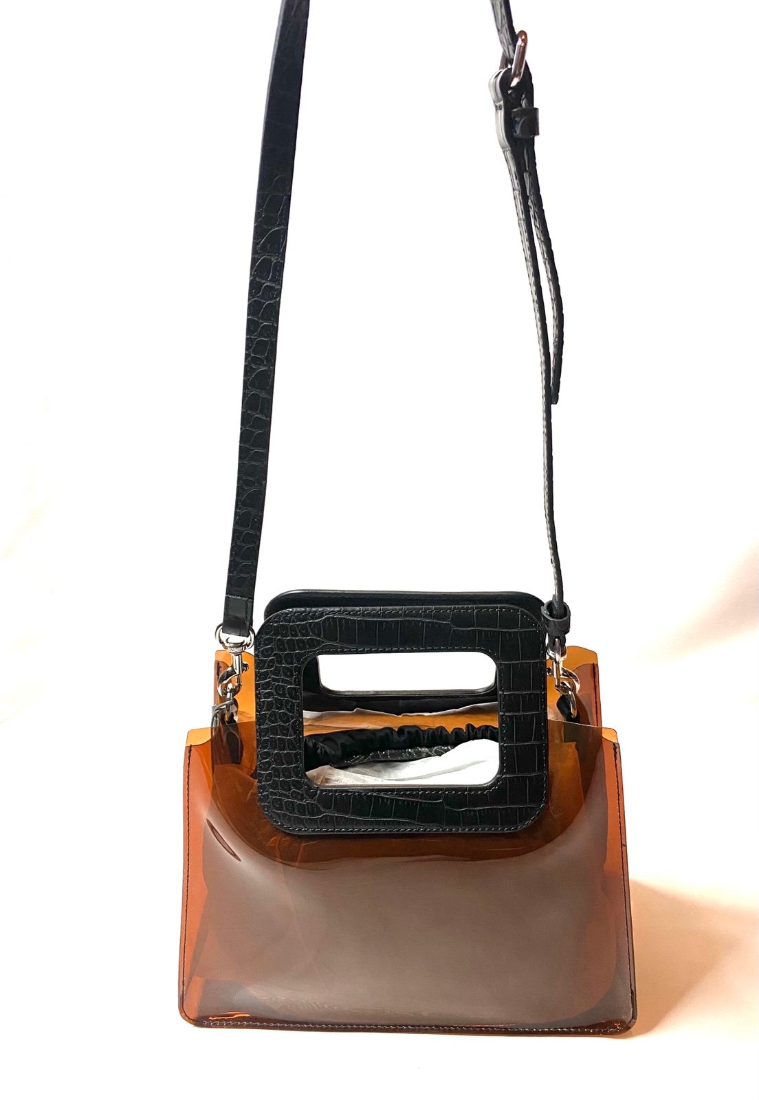 Vince Camuto Clea Designer Crossbody Bag. Brown Transparent Clear Tote Purse
