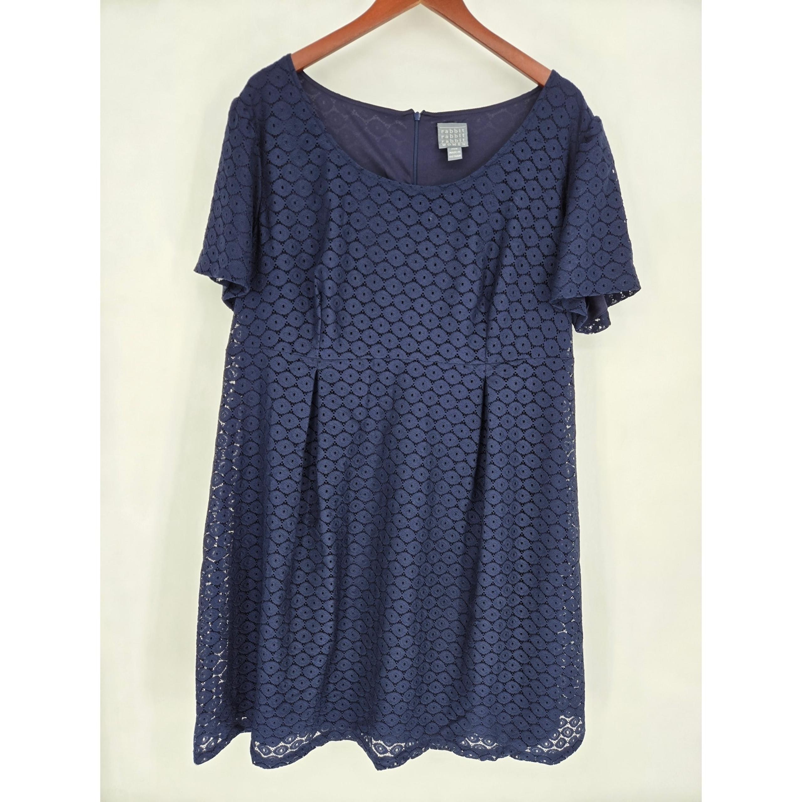 Rabbit Navy Blue Crocheted Layered Short Sleeve Dress 20W