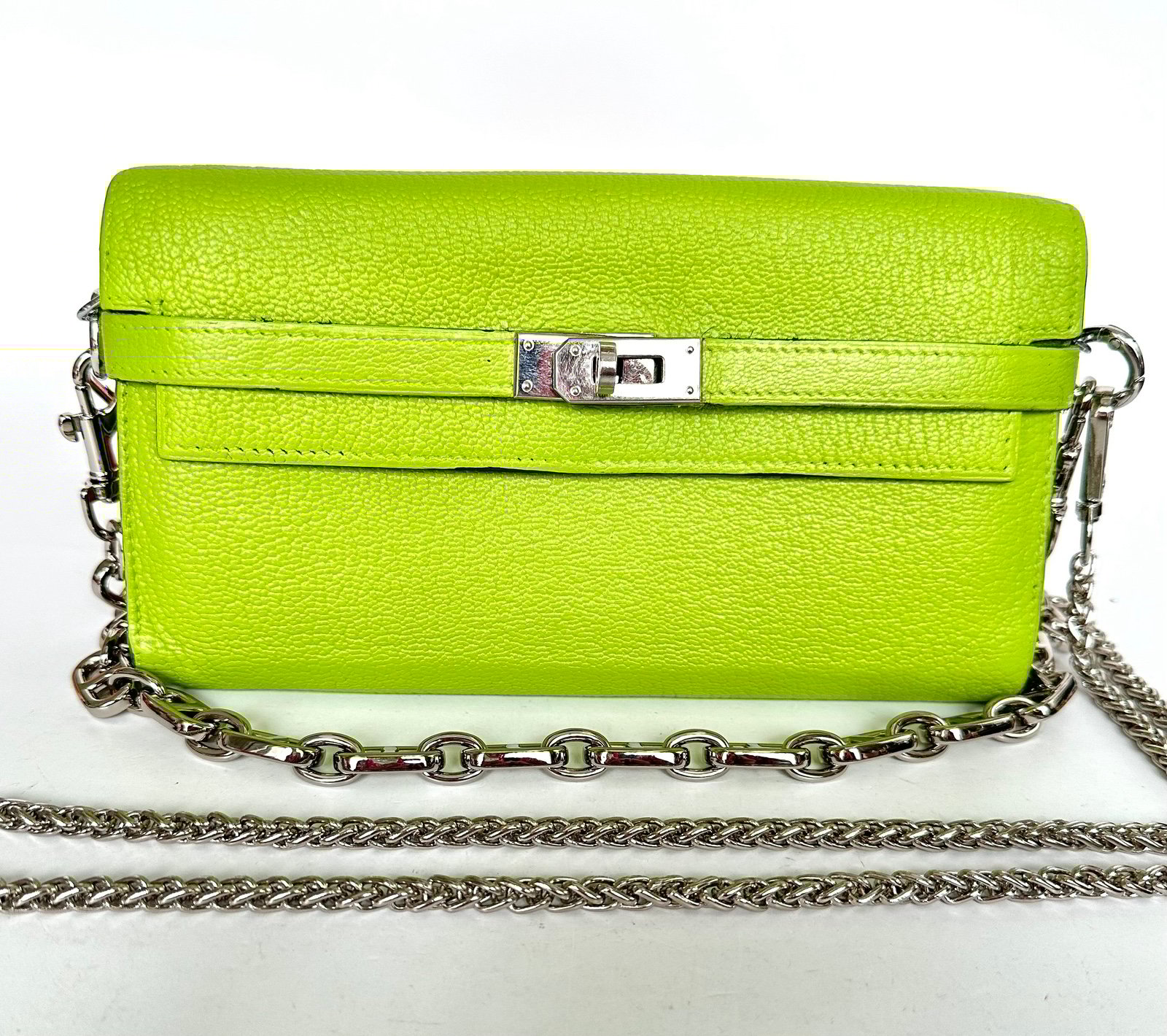 HERMES Green Kelly Classic Long Wallet Chevre Leather Wallet on Chain