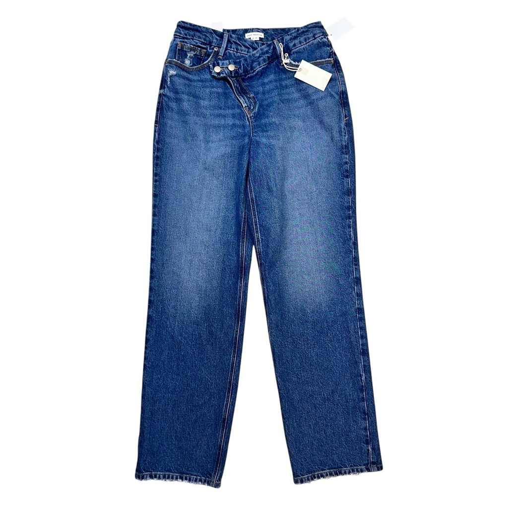 Good American Good 90’s Relaxed Fit Straight Leg Crossover Waist Jeans 8/29 Blue