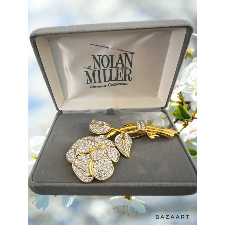 VTG Nolan Miller Glamour Collection Gold Tone Rhinestone Rose Brooch In Box