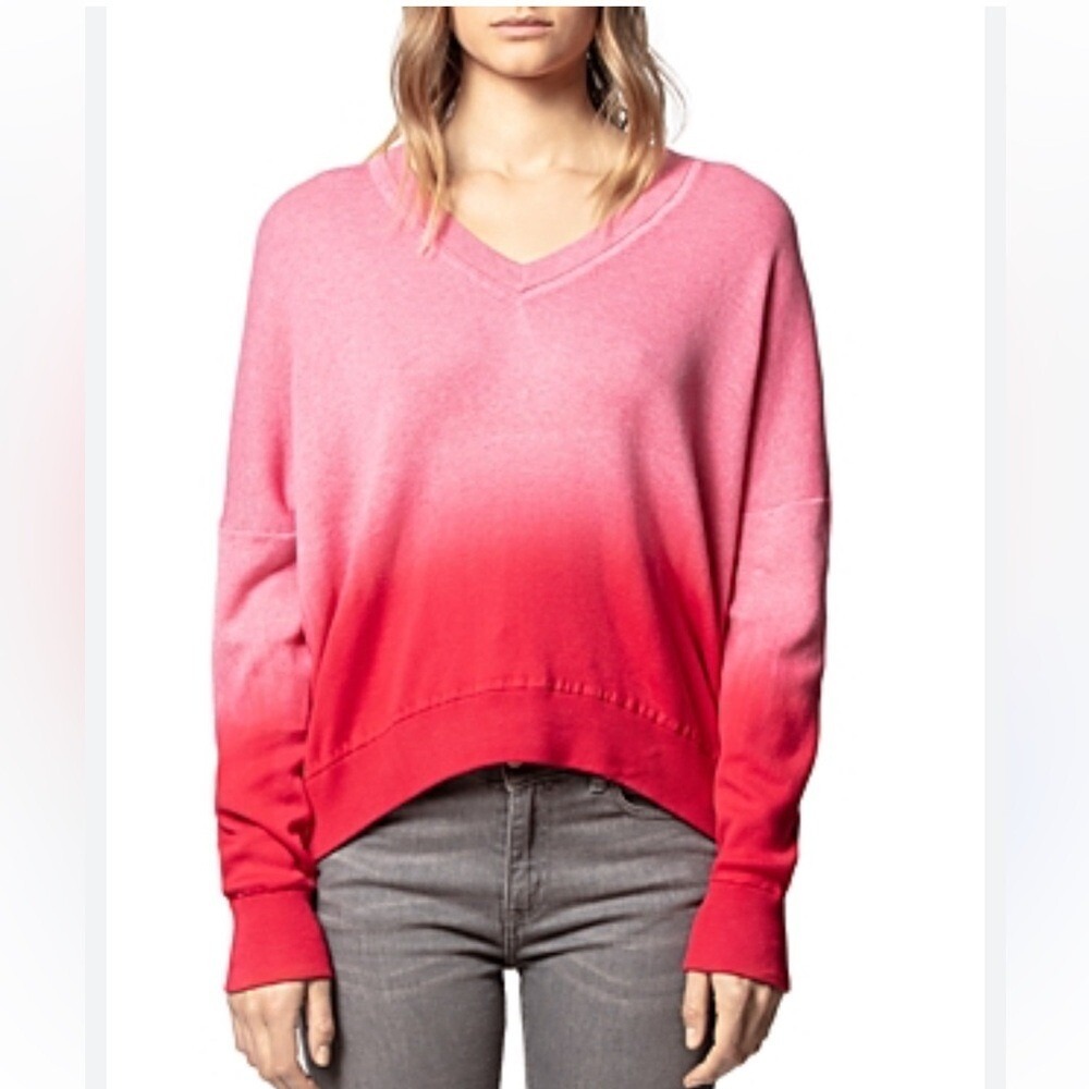 Zadig & Voltaire Women's Brumy Dip Dyed Pink Ombre V-Neck Sweater- Size Medium