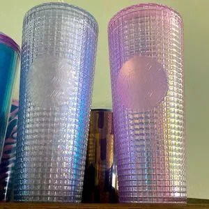 Starbucks Venti Silver & pink iridescent grid cold cup tumbler set