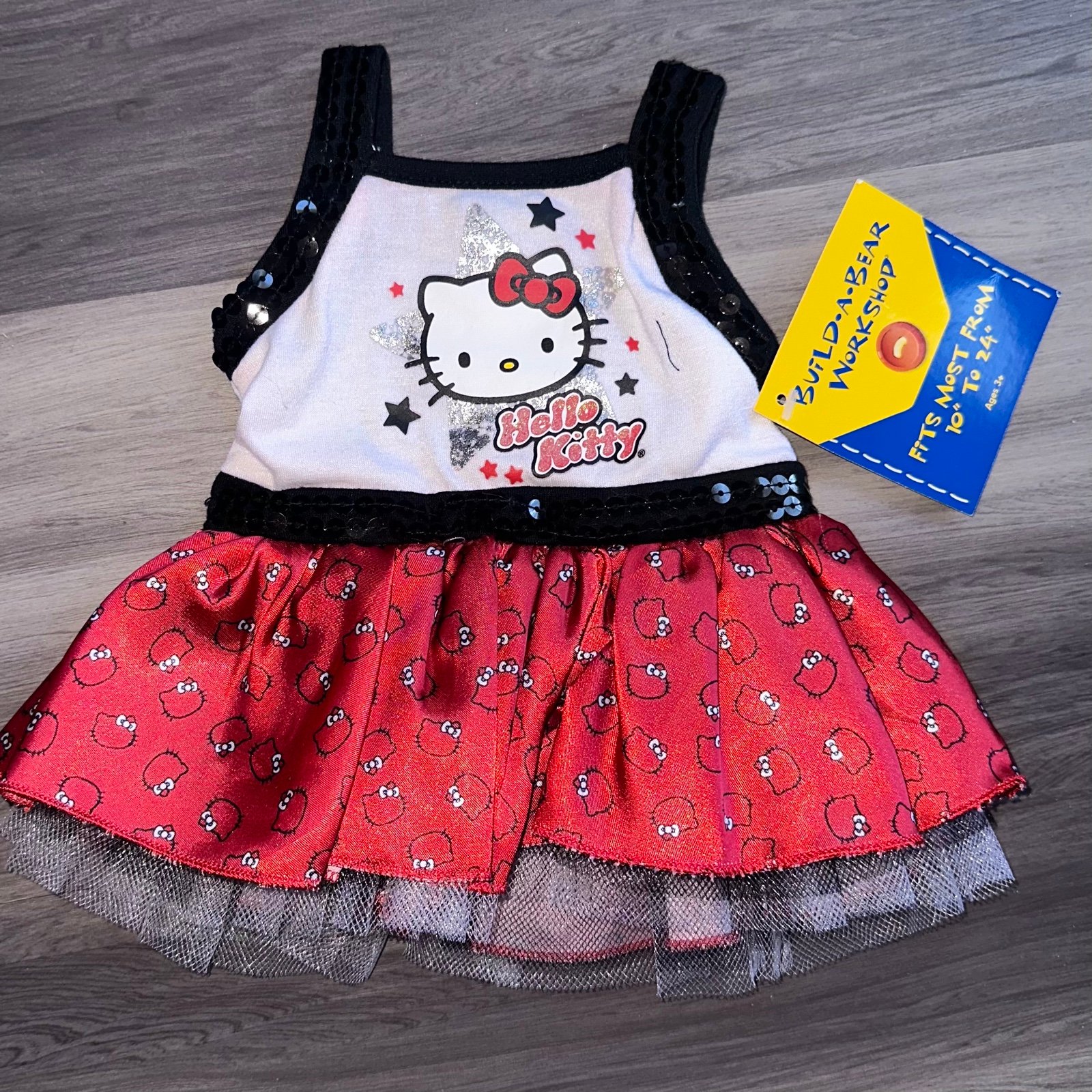 Vintage Build A Bear Sanrio Hello Kitty Dress Red Black Stars Sequin Tulle RARE