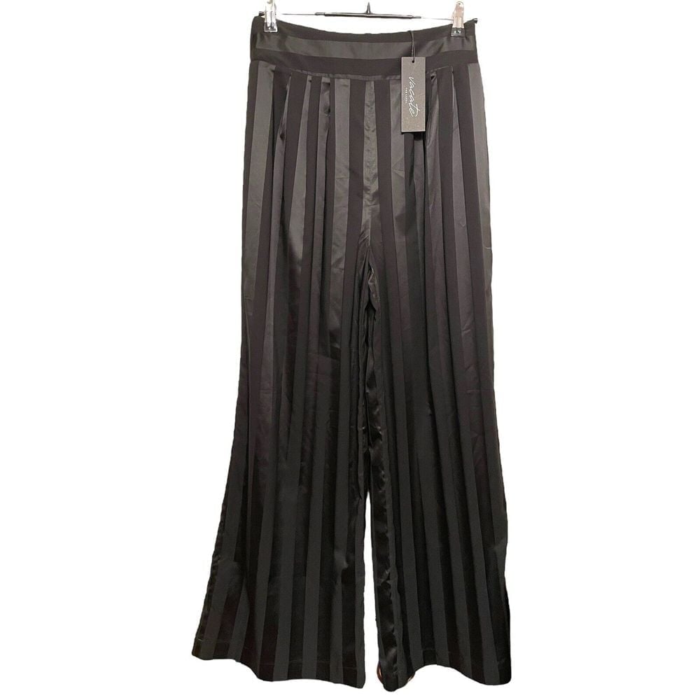 NWT Vacate The Label Kyoto Noir Stripe Satin Wide Leg Pants Size Small Black