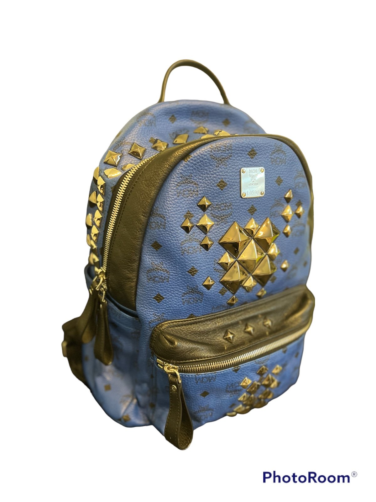 MCM Visetos Studded Medium Stark M Logo Collection Backpack Blue 920925