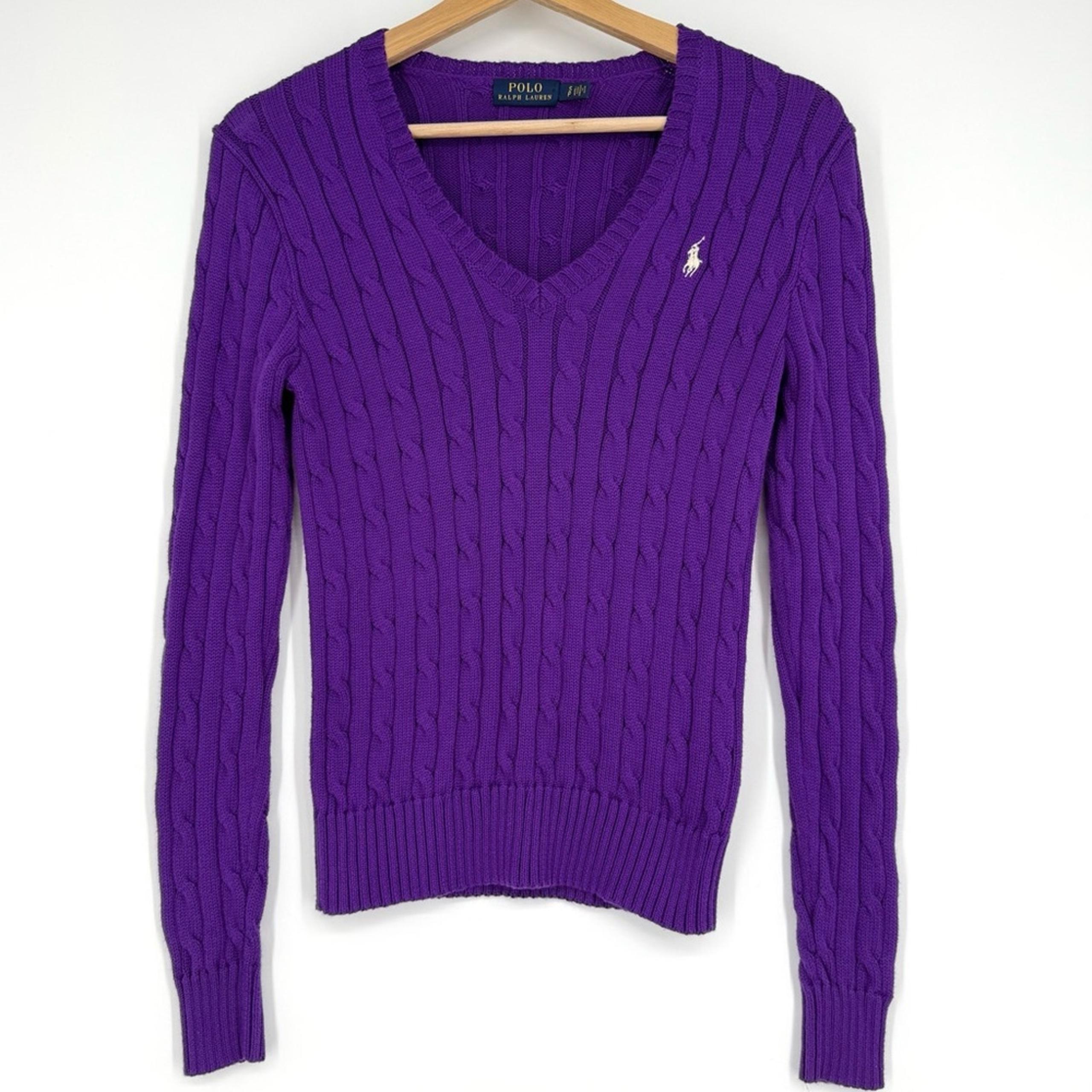 Polo Ralph Lauren Purple V-Neck Cable Knit Sweater 100% Cotton Size S