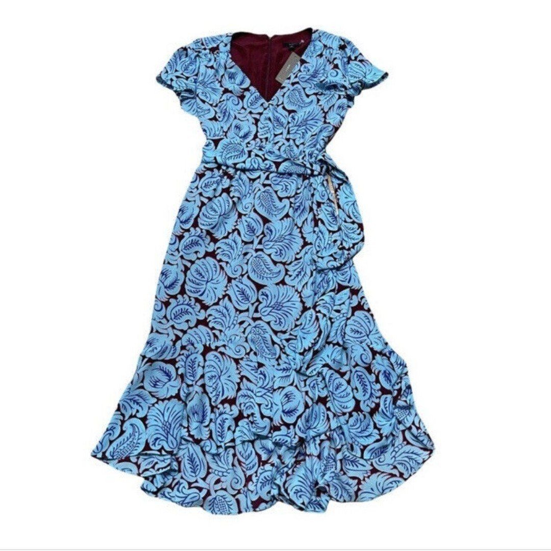 J. Crew Summer Flutter Sleeve Dress Womens Size 4 Petite V Neck Blue Paisley NEW