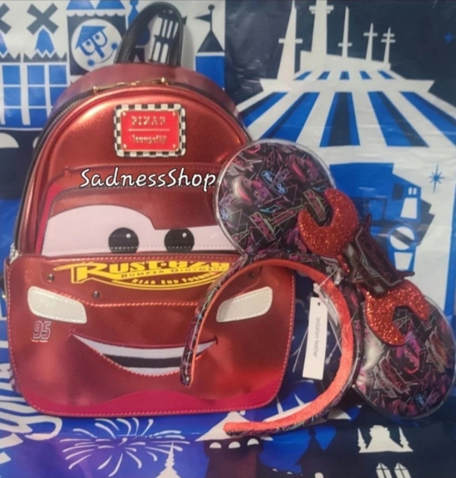 Disney Pixar Lightning McQueen Loungefly Mini Backpack and Ears Headband Bundle.