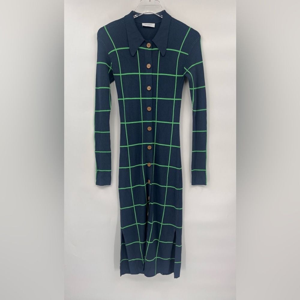 Equipment long sleeve with collar blue with green squares knit midi dress size S