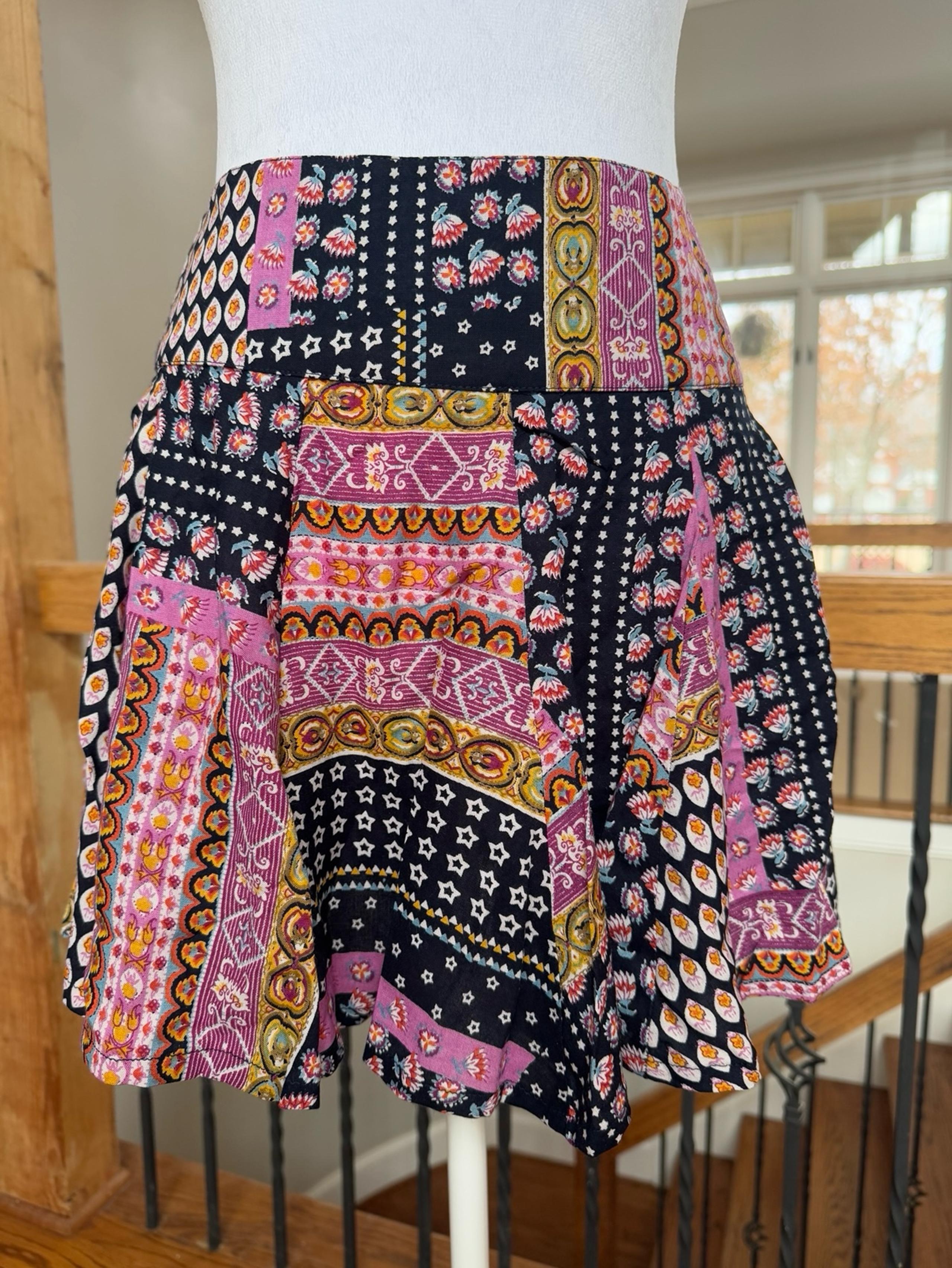 RAGA Anthropologie patchwork boho skater circle mini skirt boho pink black nwt M