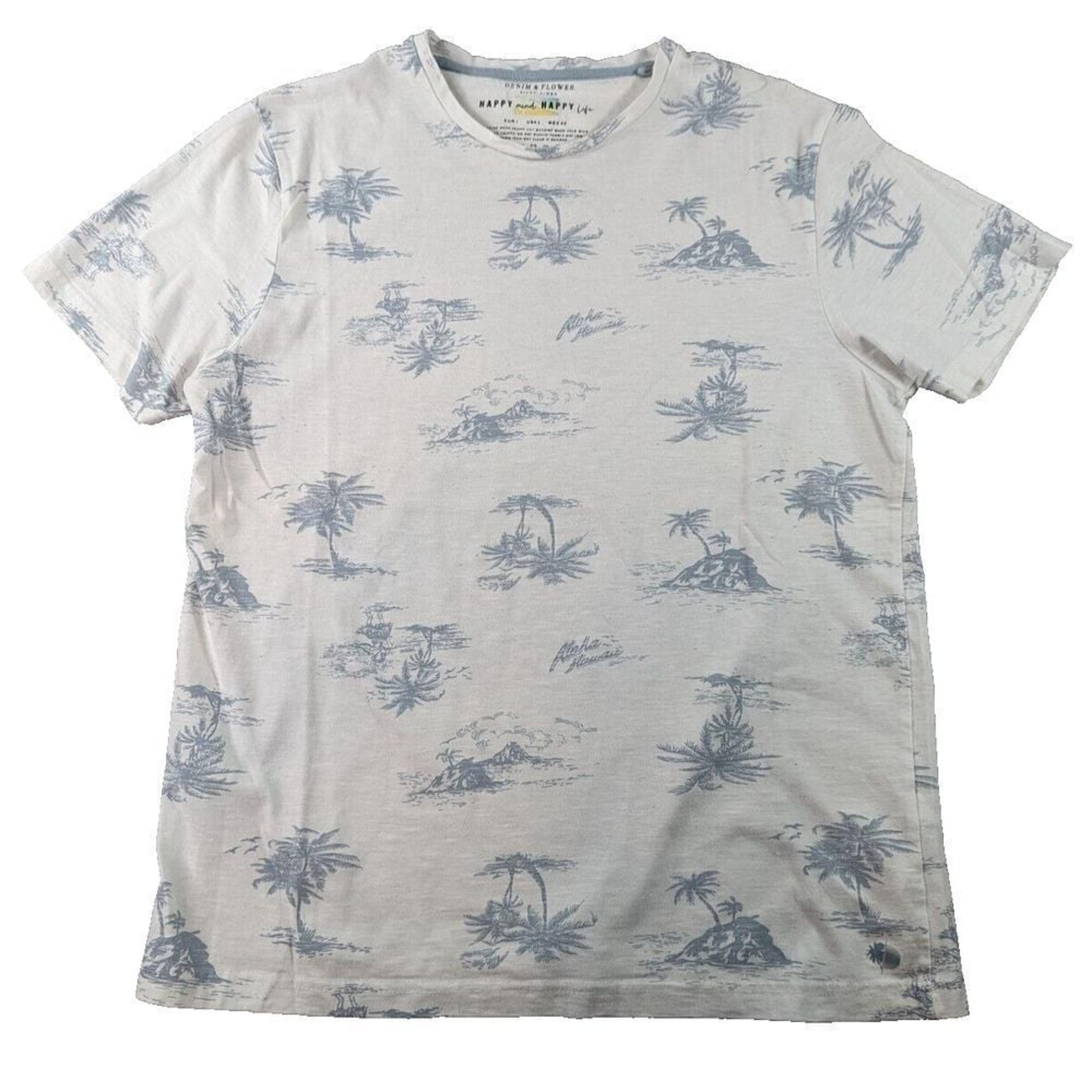 Denim & Flower Ricky Singh T-Shirt Men's Blue White Palm Trees Aloha Size Large