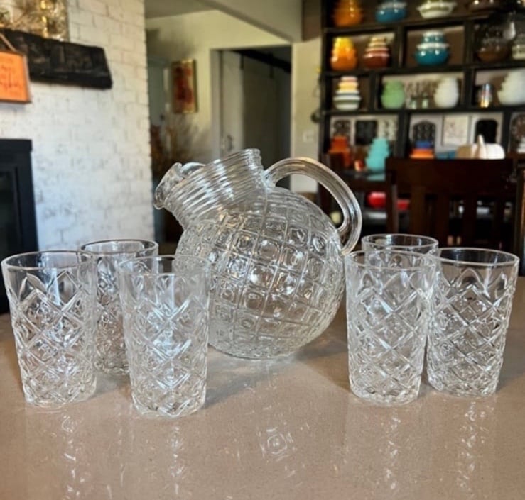 Vintage Anchor Hocking Waterford Waffle Diamond Pattern Clear Glasses& Pitcher