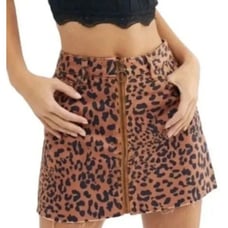 Free People We the Free Denim Skirt Zip It Up Brown Raw Hem Animal Print Mini 29