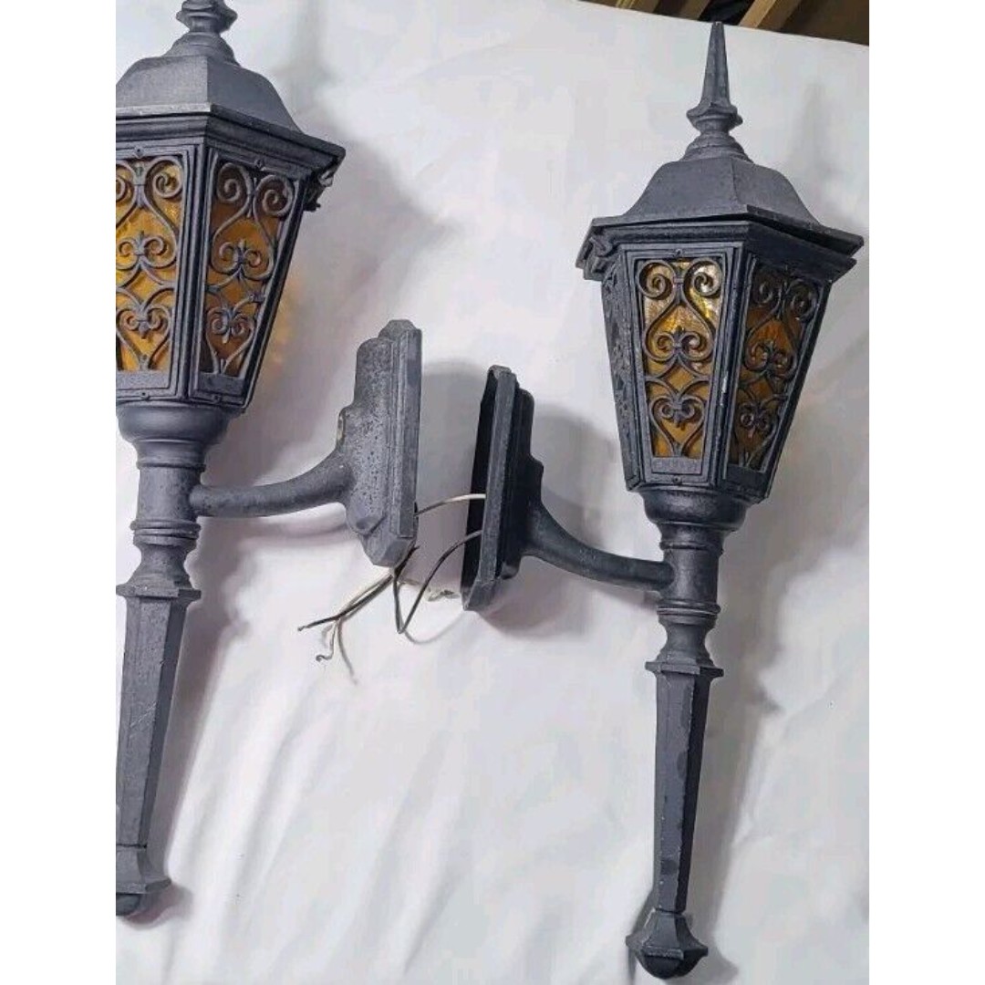 Phil R Hinkley Pair of Antique CAST IRON WALL SCONCES Vintage Outdoor Indoor.