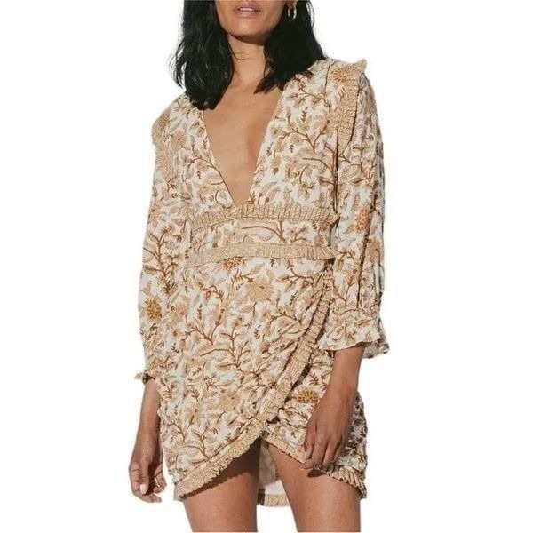 Cleobella Victoria Tan Floral Pleated Peasant Mini Dress| XS