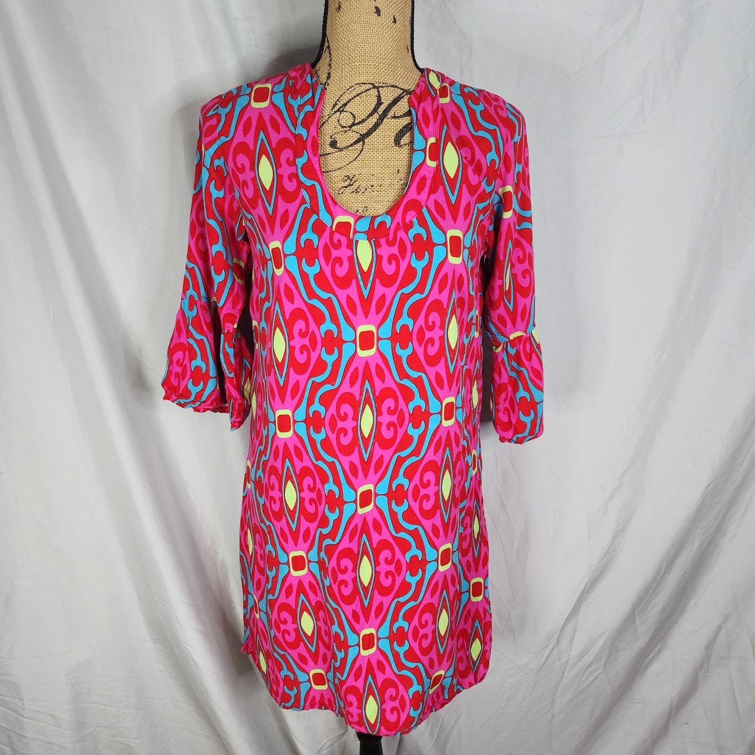 ESCAPADA Size Medium 100% Rayon Flounce Sleeve U-neck Unlined Mini Shift Dress