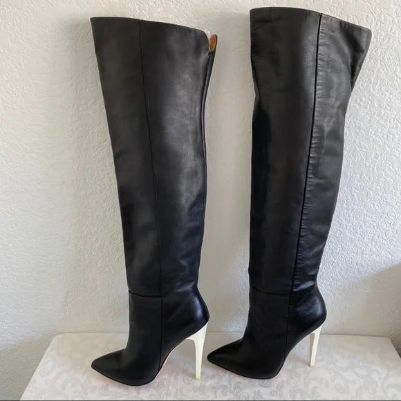 8.5 L.A.M.B. Black Hylda Over Knee Leather Boot White Stiletto 5 Heels, sexy