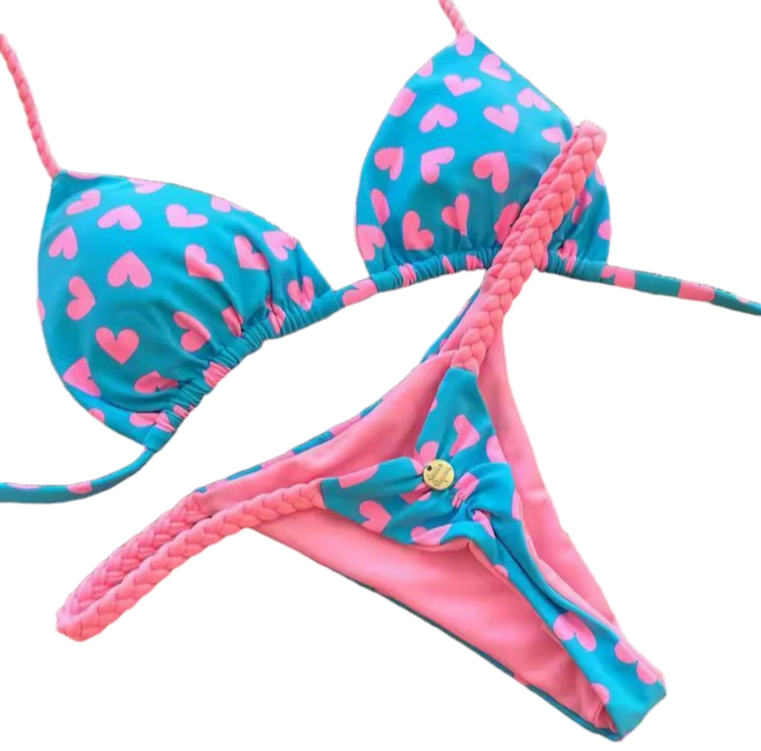 Bikini, Brazilian Style Thong Bathing Suit, Pink & Blue, Hearts. Women's Large