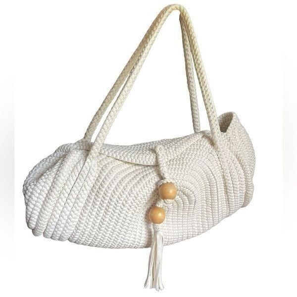 David & Scotti Cream White Handmade Boho Luxe Braided Macrame Rope Handbag Purse