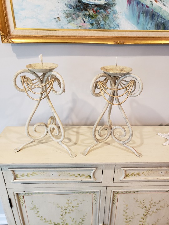 2 Wrought Iron Pillar Candle Holders Distressed Cream White Gold Loops