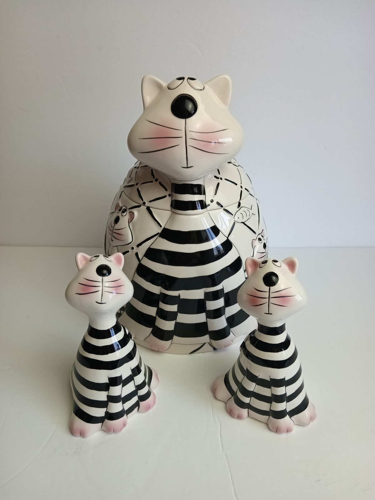 Whimsical Cat 3-Pc. Cookie Jar, Salt & Pepper Shaker Set White Black