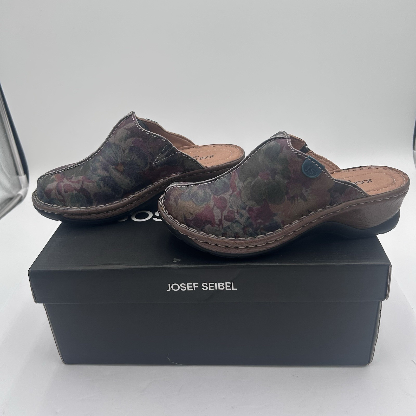 Josef Seibel Clogs Mules Floral Graphite Leather Comfort EU 36 US 5 - 5.5 NIB