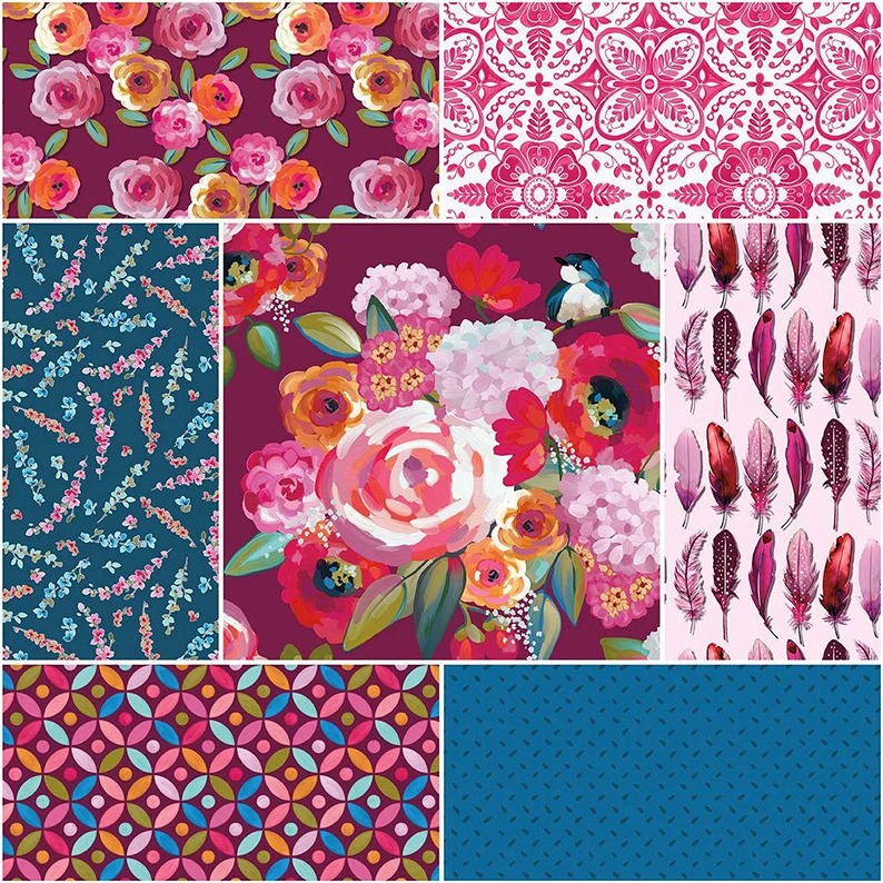 Lila Tueller Poppies & Plumes Wine, 1 Yard Bundle, 7pc, Riley Blake Fabric, Feat