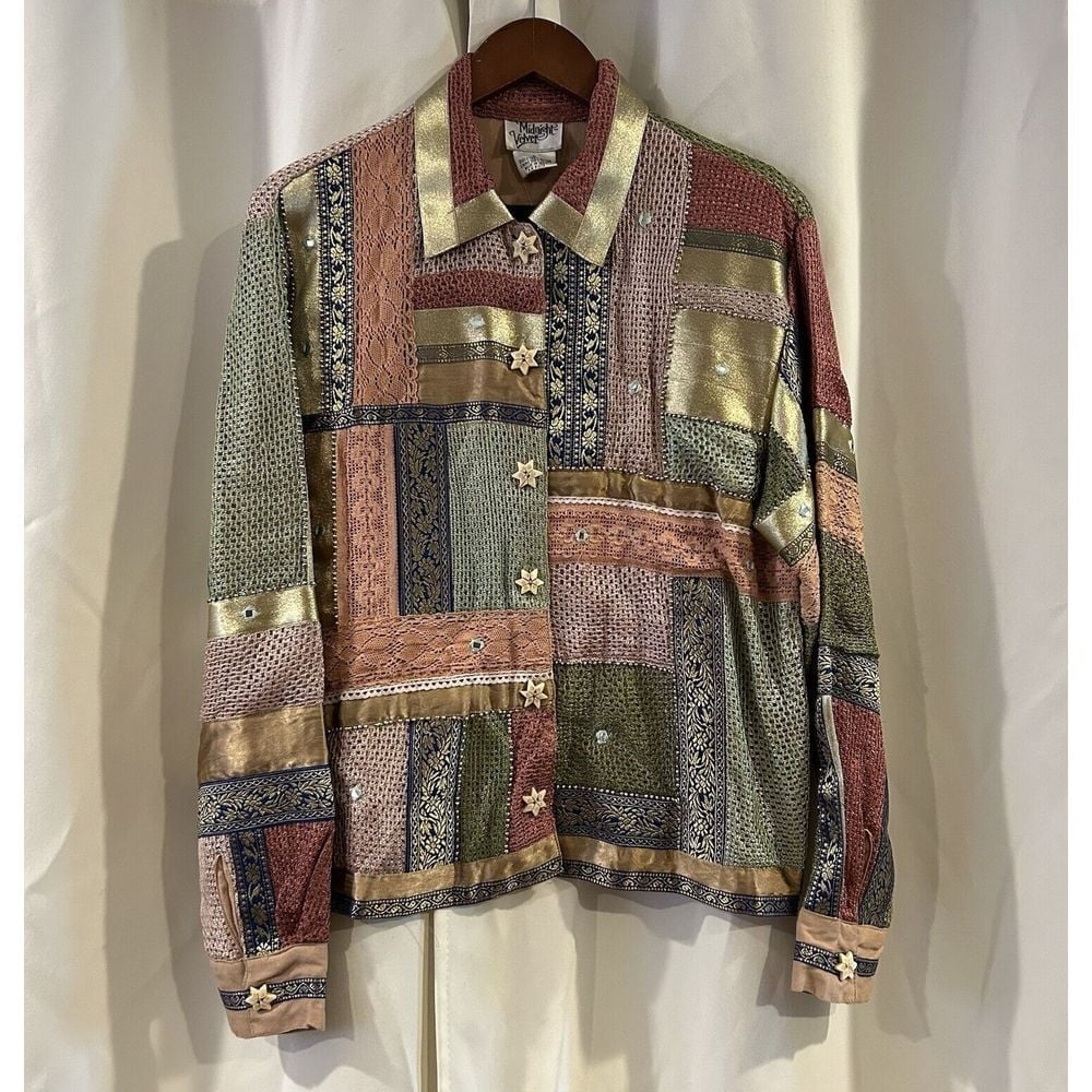VTG Midnight Velvet Size Large JACKET Shirt Button PATCHWORK