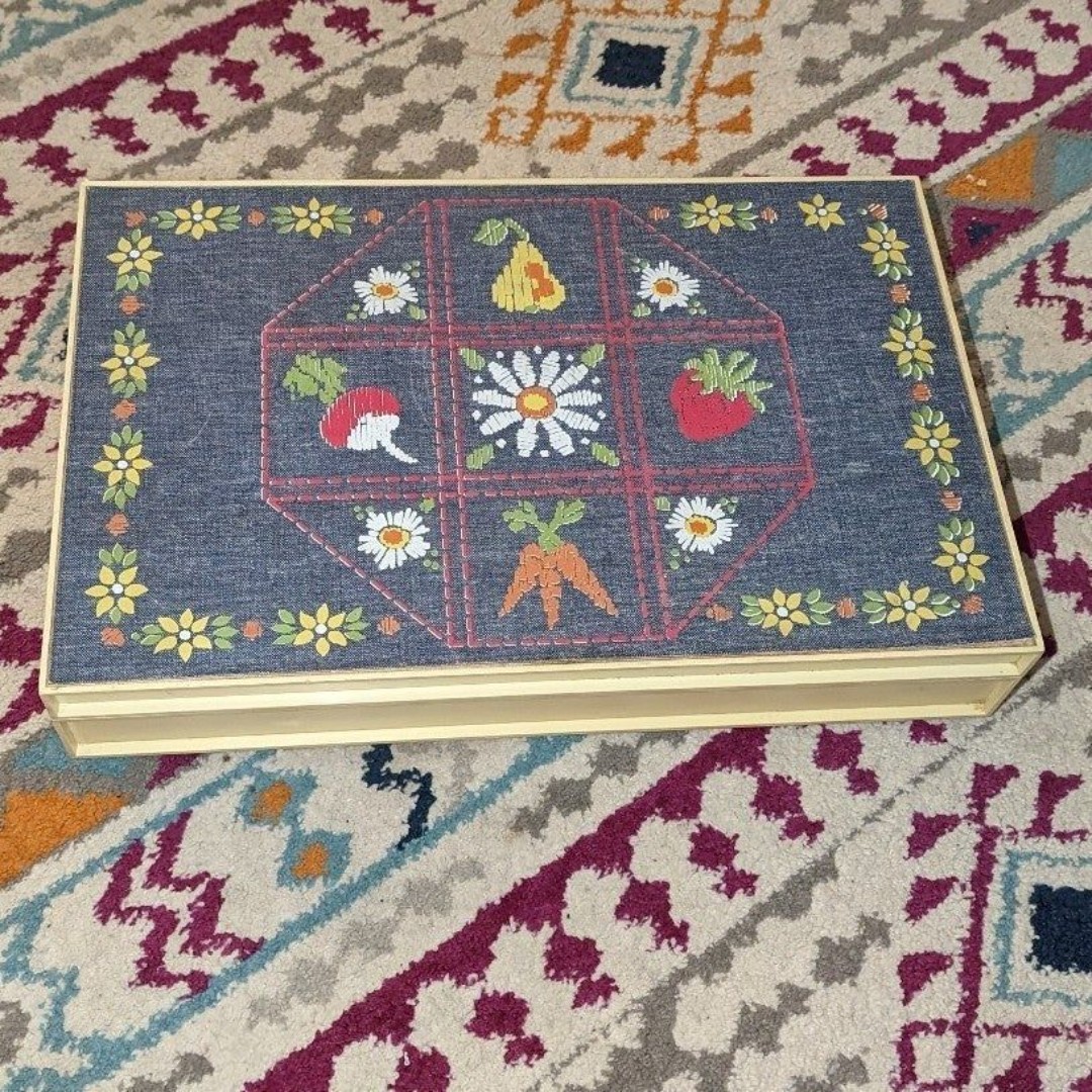 Oneida Blue Denim Fruit Patchwork Embroidered Sterling Silverware Case Vintage