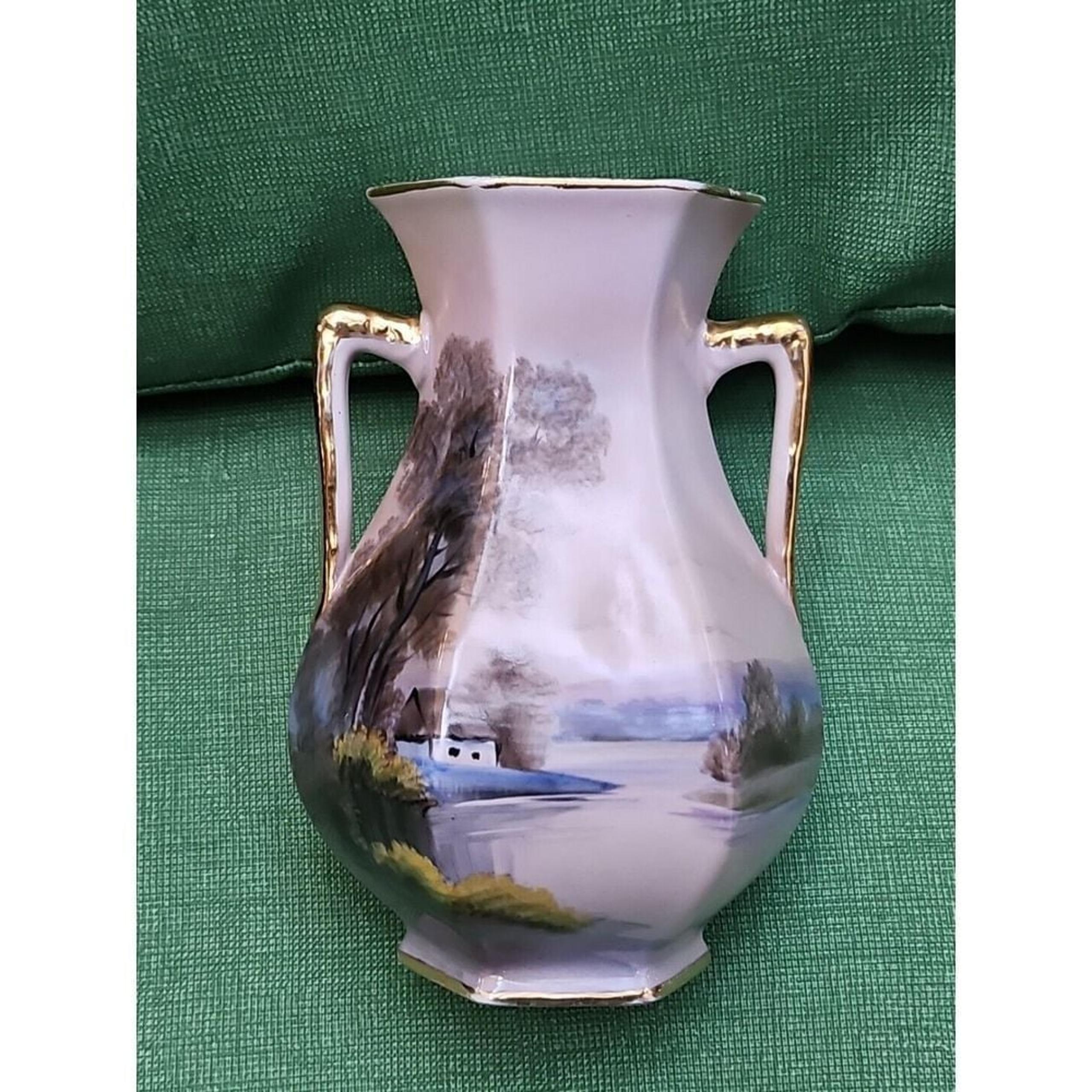 Nippon Noritake Morimura Hand Painted Vase HOUSE ON LAKE 6" Octagon LANDSCAPE