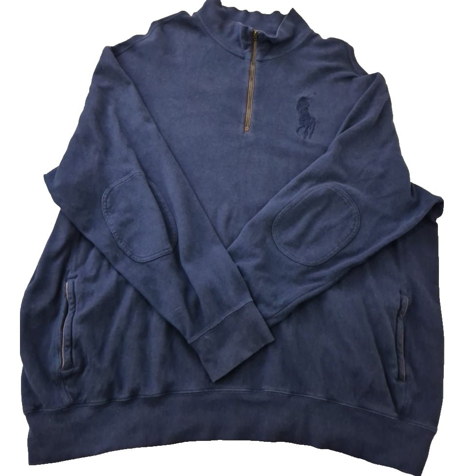 Polo Ralph Lauren Sweater Mens 3XLT Navy Big Pony Leather Trim 1/2 Zip Pullover