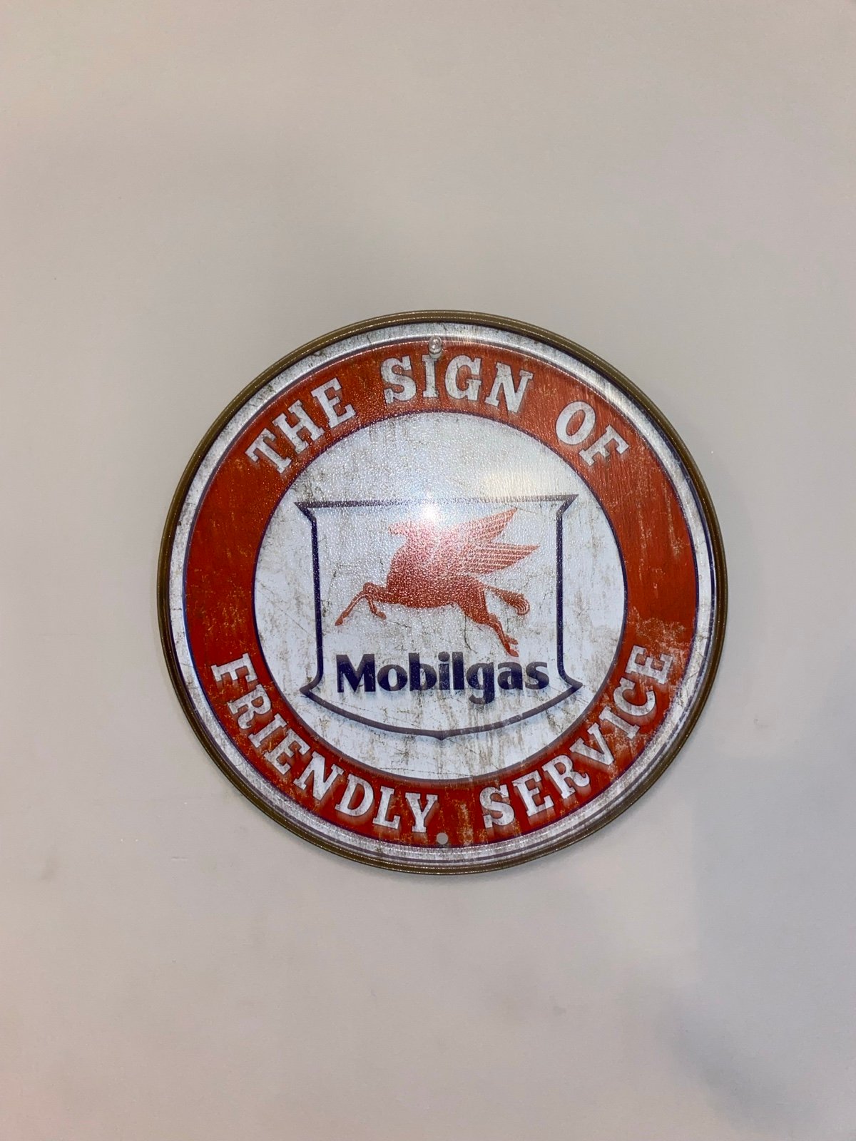 Rustic Mobilgas Pegasus round sign AND mobilgas nostalgic vintage metal wall