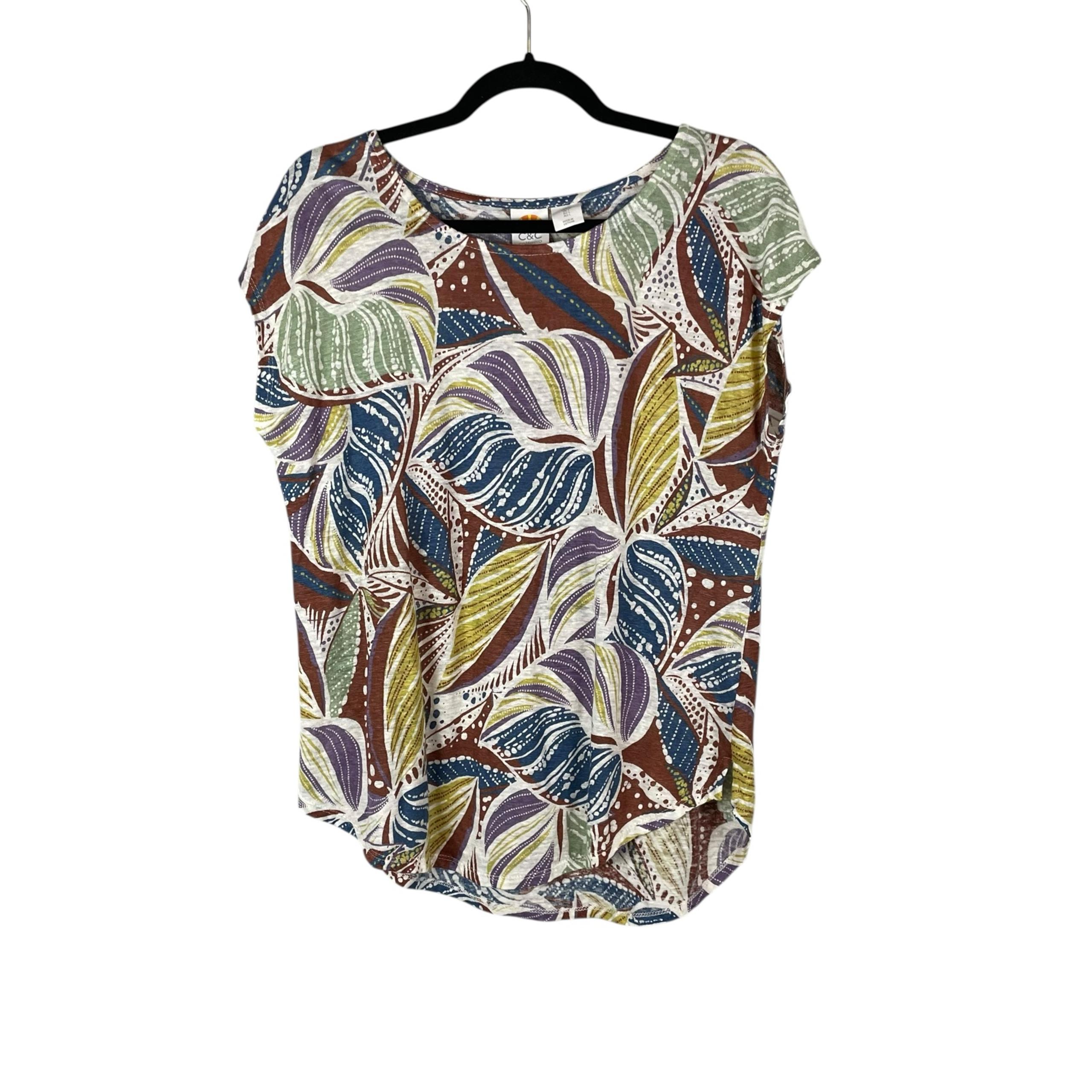 C&C California 100% Linen Multicolor Leaf Print Cap Sleeve Blouse Women’s Size L