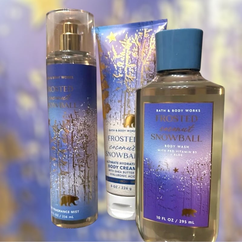 Bath & Body Works -Frosted Coconut Snowball Mist, Body Cream, Body Wash Set