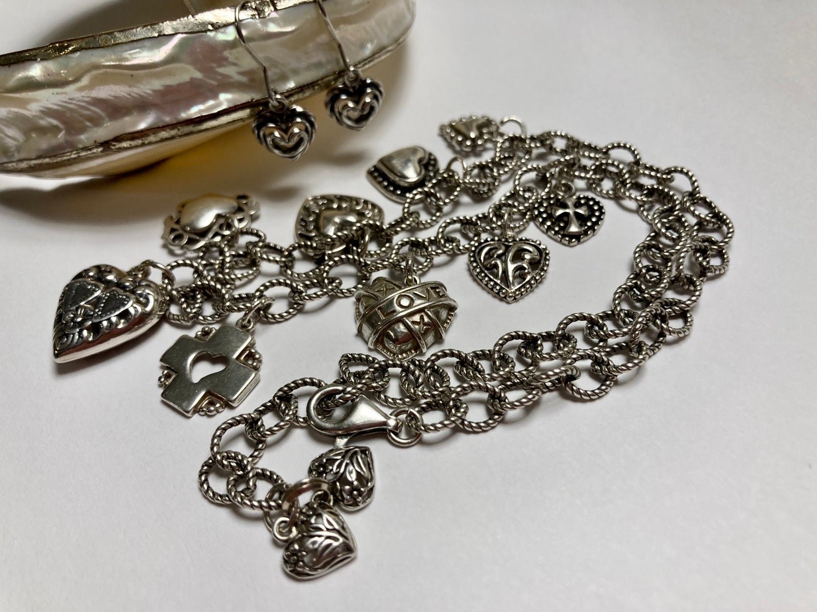 Sterling Vintage heart charms necklace, earrings