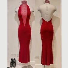 SPECTACULAR Vintage Red Velvet Halter Rhinestones & Mesh Dress