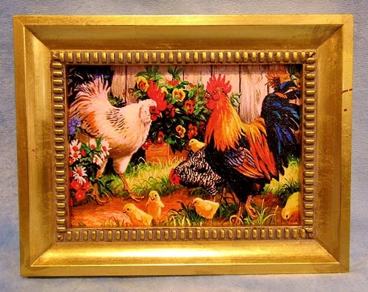 Beautiful Hand Textured Art Canvas Print POULTRY YARD SCENE in Gold Ornate Frame