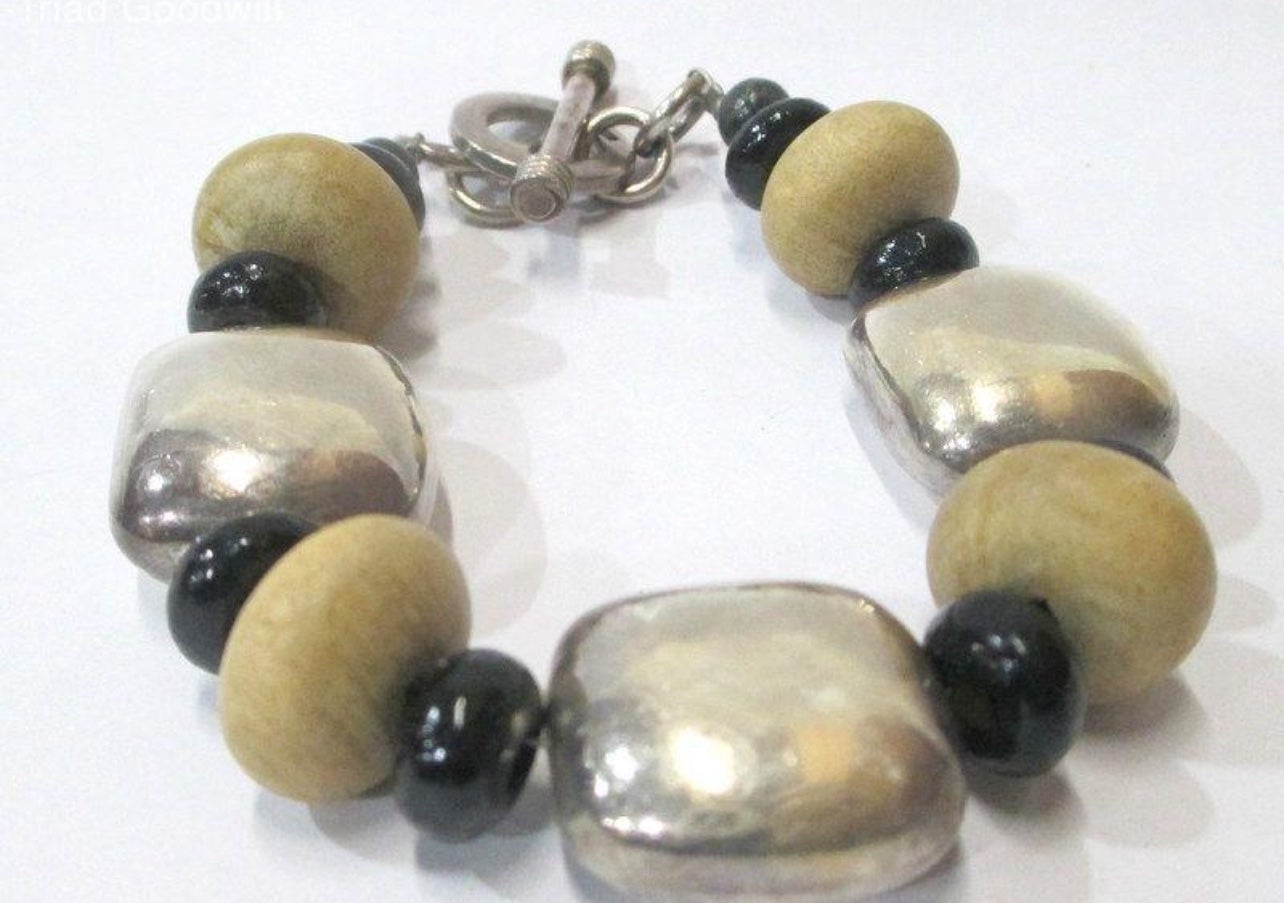 Vtg , .925 Sterling Silver, Gemstone, and Wood Bracelet 6”
